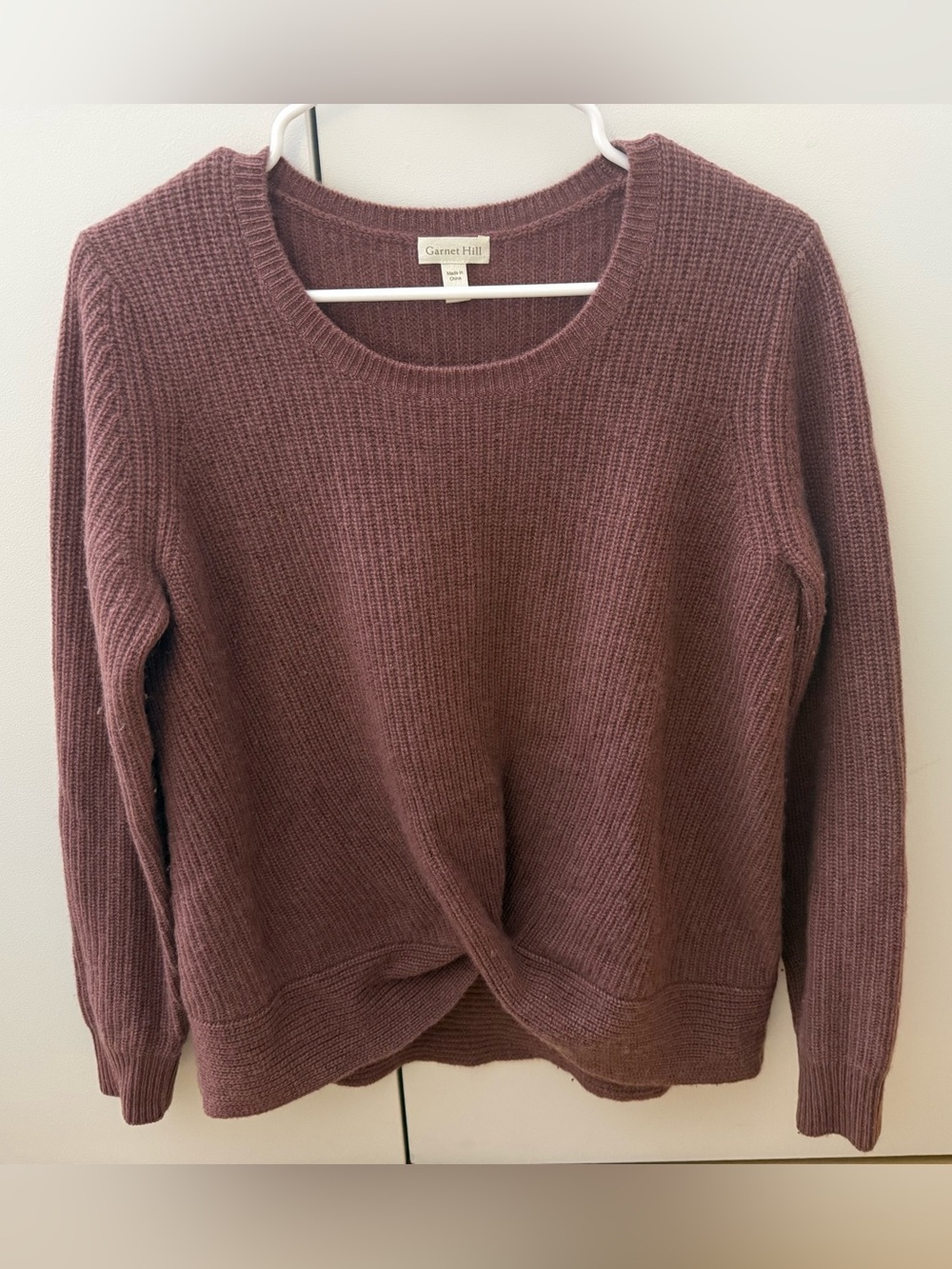 Garnet Hill Cashmere Mauve Knit Twist-Front Sweater
